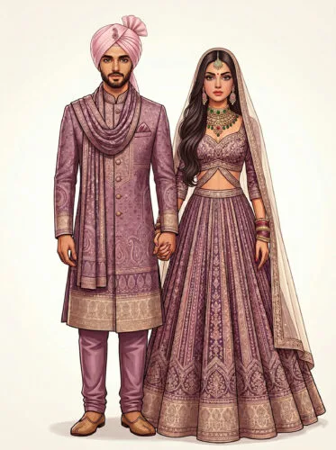 Elegant Indian Couple in Traditional Sherwani and Lehenga