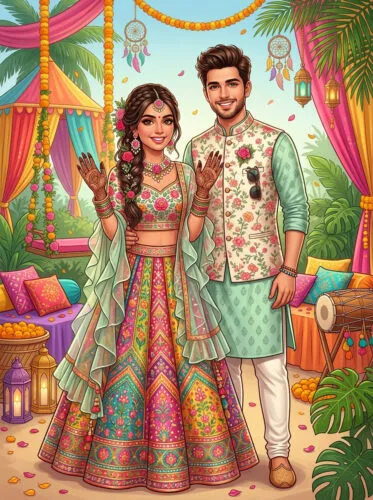 Vibrant Boho Tropical Mehendi Couple Portrait