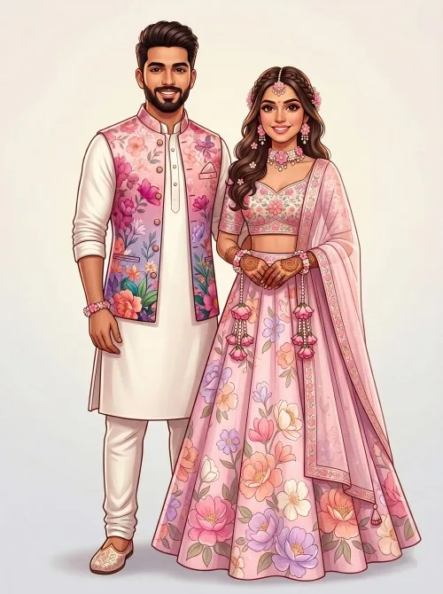 Indian Couple in Floral Attire for Mehendi Ceremony