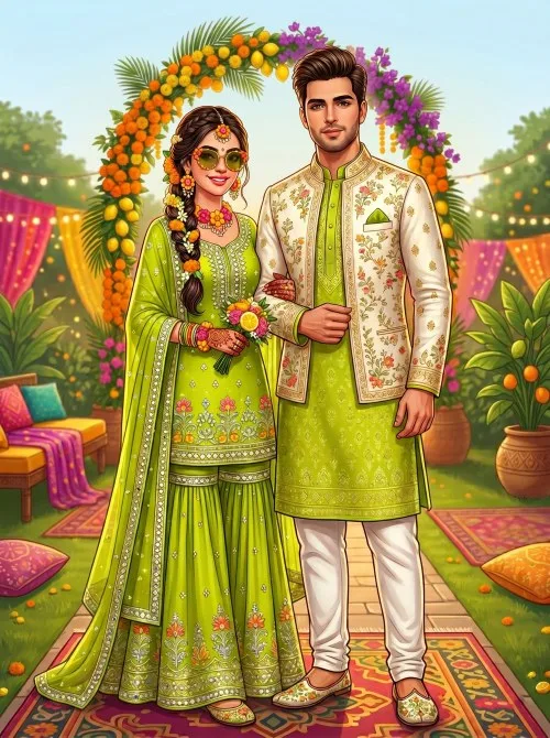 Couple in Traditional Indian Attire at Mehndi Ceremony