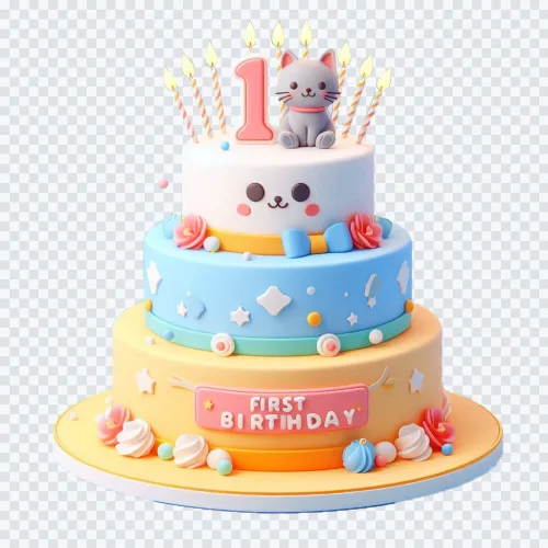 Transparent PNG of a three-tiered birthday cake with a cute grey cat on top, a large '1' candle, and a 'First Birthday' banner.