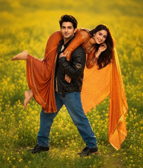 Romantic Indian Couple in Mustard Field