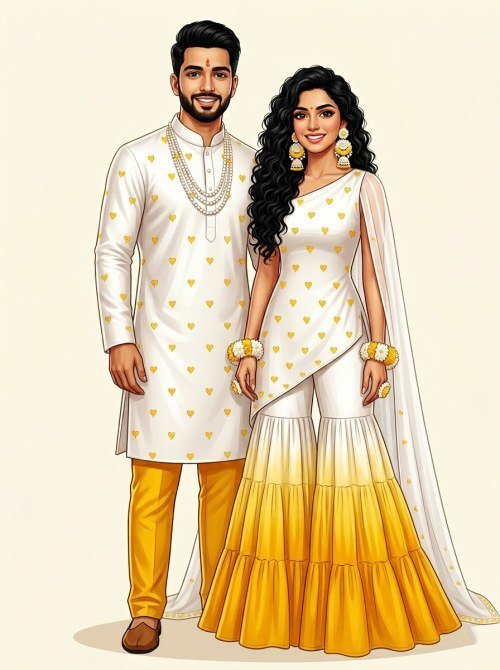 Indian Wedding Couple Haldi Ceremony Caricature