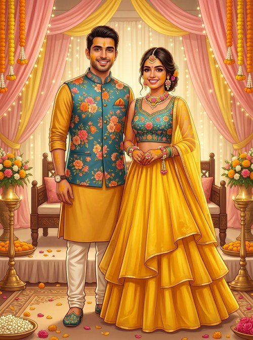 Indian Couple Illustration for Haldi Ceremony Invitation