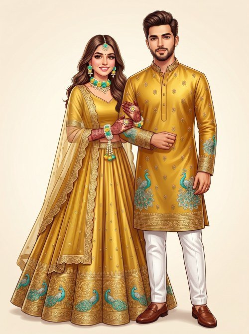 Couple in Traditional Yellow Attire for Haldi Ceremony