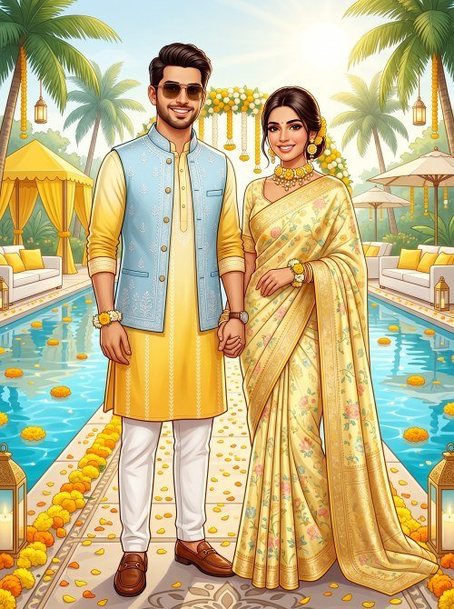 Luxury Poolside Haldi Celebration  Artwork For Modern Couples