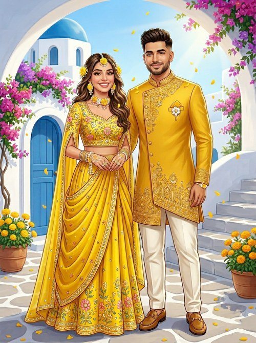 Couple in Yellow Haldi Ceremony Attire, Santorini Inspired