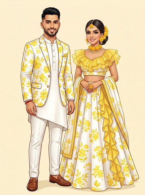 Indian Wedding Couple in Yellow Floral Haldi Outfits