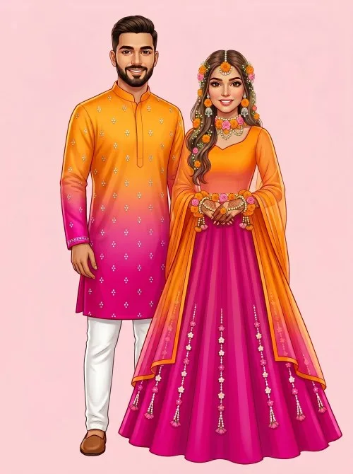 Digital illustration of a smiling Indian couple in traditional Haldi ceremony outfits, orange and pink gradient clothing, adorned with marigold flowers.