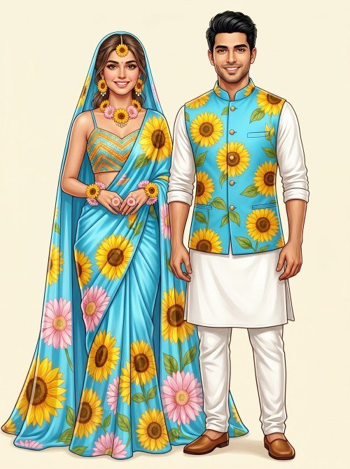 Couple in Sunflower Print Outfits for Haldi Ceremony