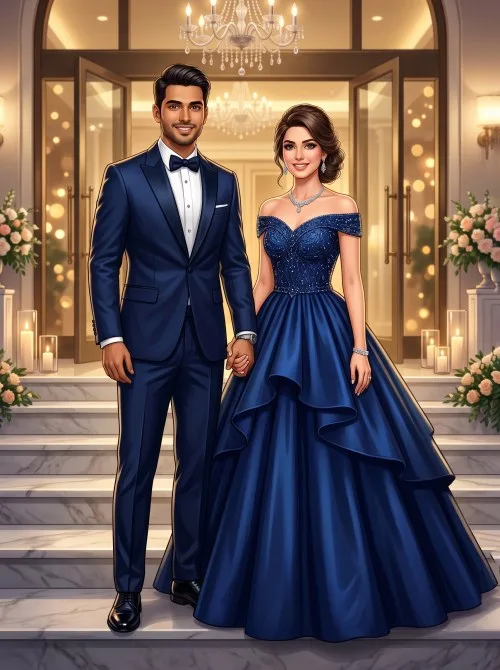 An elegant man in a navy blue tuxedo and a woman in a sparkling sapphire blue off-the-shoulder ball gown stand hand-in-hand on a marble staircase at a grand entrance.