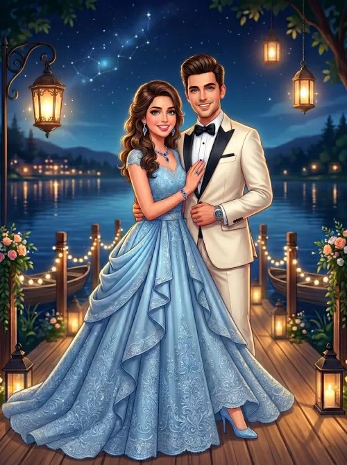 A man in a tuxedo and a woman in a blue ballgown stand embracing on a wooden pier by a lake at night, with a starry sky and lanterns.