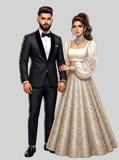 Illustration of a man in a black tuxedo and a woman in a white crop top and embellished lehenga, posing together.