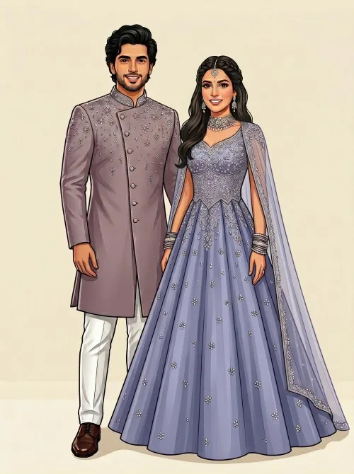 Digital illustration of a smiling Indian couple dressed in elegant Indo Western wedding attire for an engagement invitation.