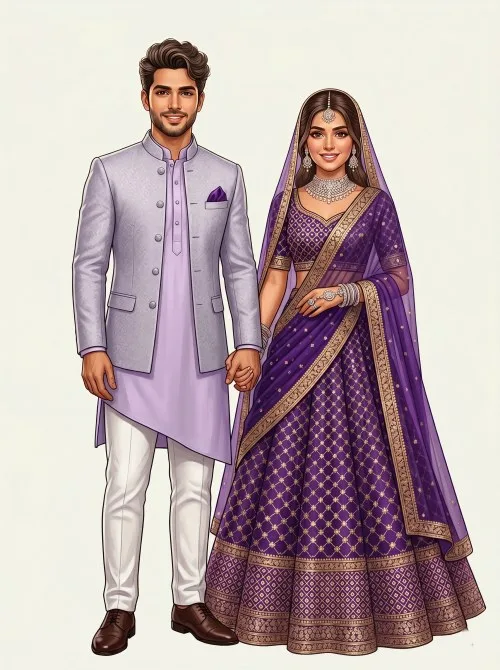 Illustrated Indian couple holding hands, groom in purple kurta and white pants, bride in purple lehenga and jewelry.