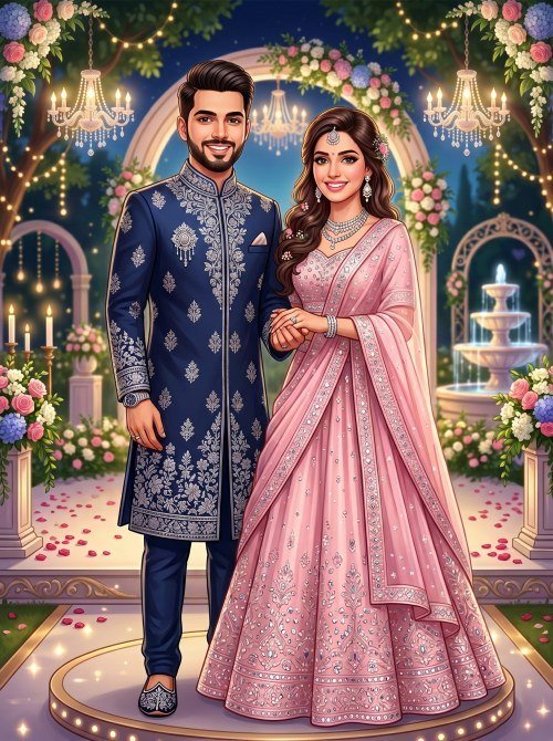 Elegant Indian Couple in Royal Garden Engagement Portrait