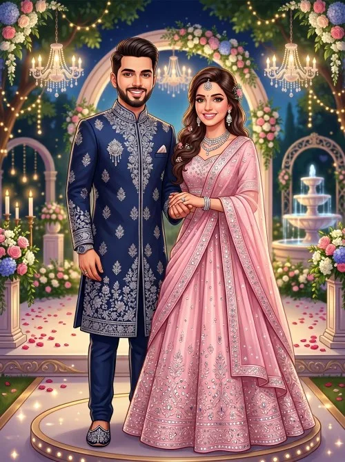Illustrated portrait of a happy Indian couple, man in blue sherwani, woman in pink lehenga, holding hands in a garden with fountains and chandeliers.