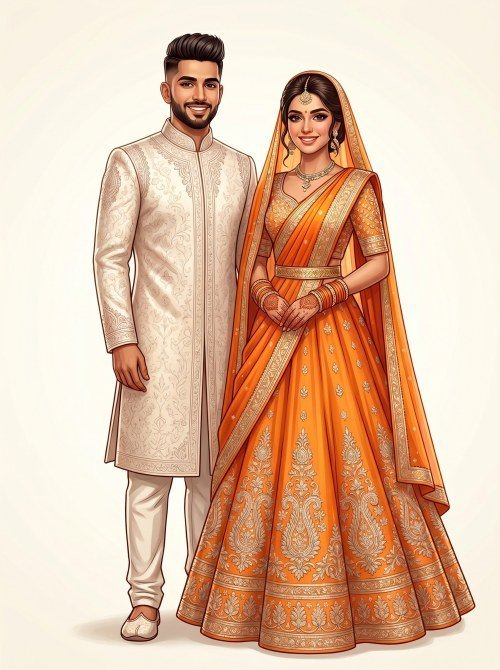 Indian Couple Illustration for Wedding Invitation in Orange and White