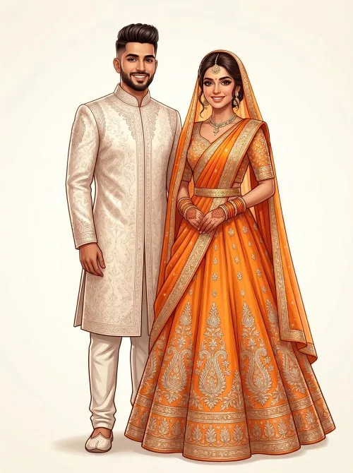Illustrated Indian bride in an orange lehenga and groom in a white sherwani, smiling together, suitable for wedding invitations.