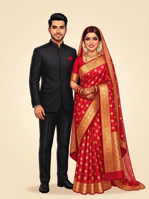 Royal Hindu Couple Illustration for Wedding Reception Invitation