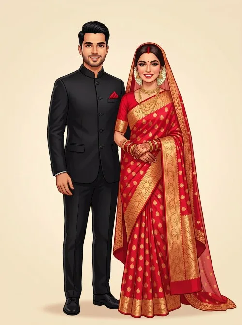 Digital illustration of a Hindu groom in a black bandhgala suit and a bride in a red and gold saree, smiling.