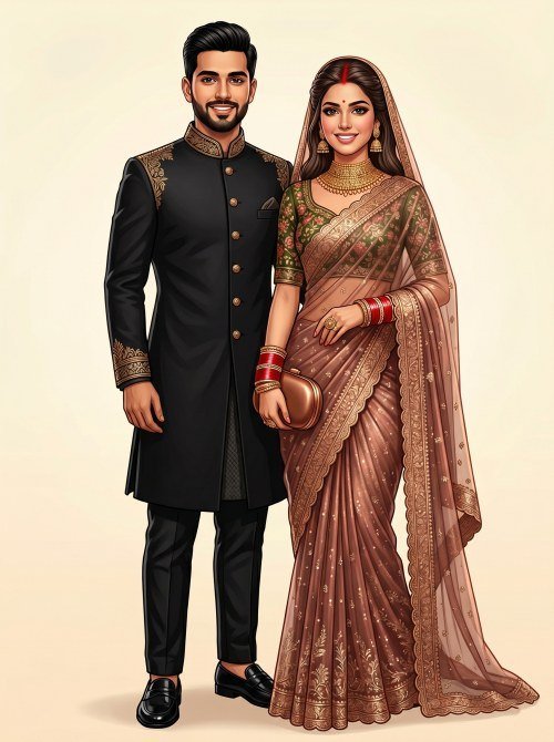 Elegant Indian Couple Illustration for Modern Luxury Reception Invitations