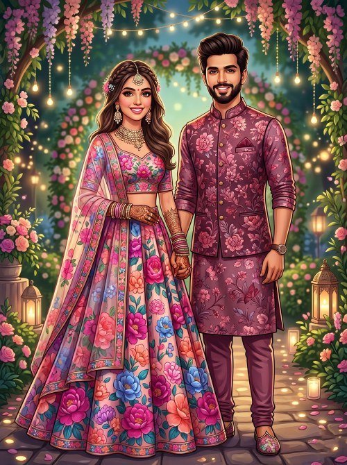 Enchanted Floral Mehendi Couple Portrait Invitation Artwork