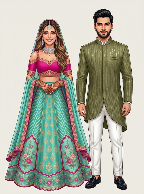 Luxury Indo-Western Mehndi Couple Illustration for Digital Invitations