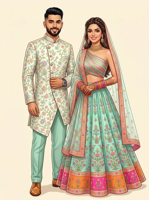 Indian bride and groom in pastel floral ethnic outfits for mehendi wedding invitation caricature.
