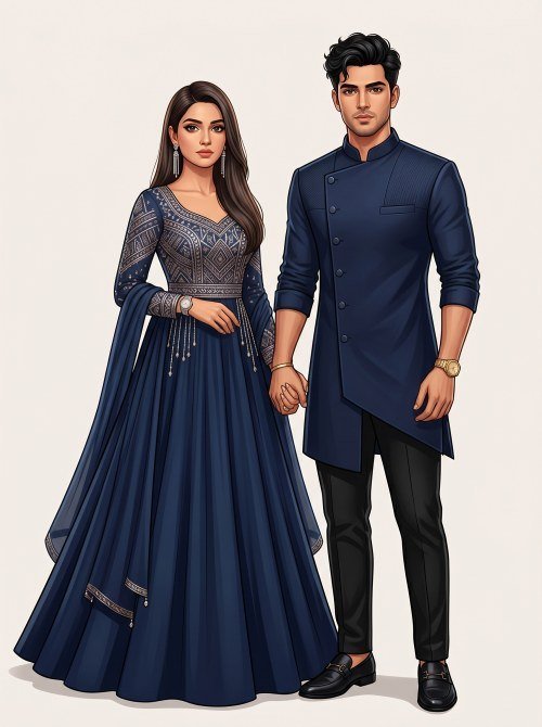 Elegant Navy Blue Indo-Western Couple Portrait for Invitations