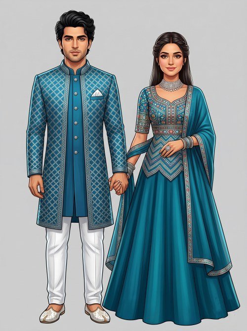 Elegant Teal Sherwani And Lehenga Couple Sangeet Invitation Artwork