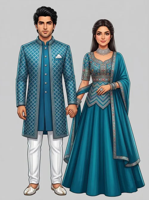 Indian couple in teal sherwani and lehenga for Sangeet wedding invitation illustration.