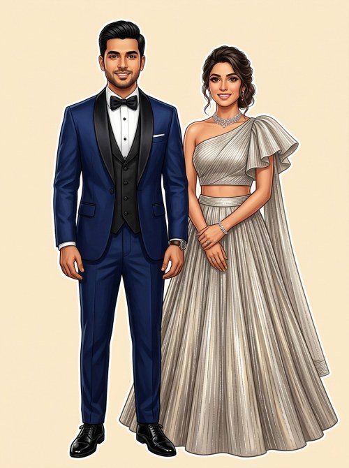 Western Glamour Sangeet Couple Illustration for Wedding Invitation