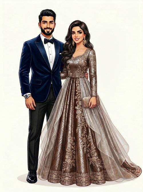 Modern Sangeet Couple Illustration in Silver Gown and Tuxedo