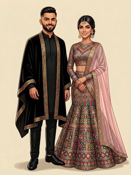 Modern Indian Couple Digital Illustration for Sangeet Invitation