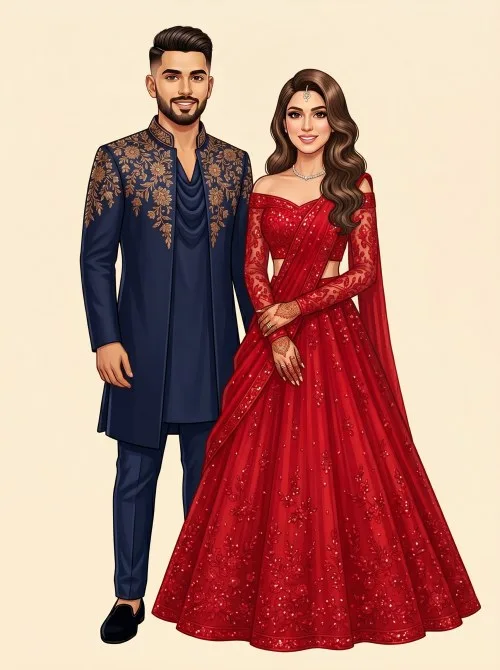 Indian couple in traditional wedding attire for Sangeet invitation illustration