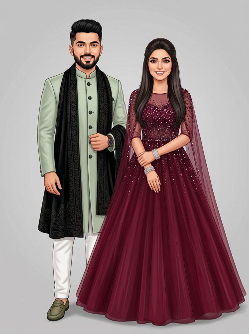 Sangeet Couple Illustration in Formal Indian Ethnic Wear