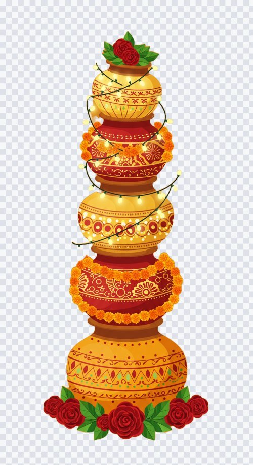 Traditional Indian Wedding Matka Stack PNG with Marigolds and Lights