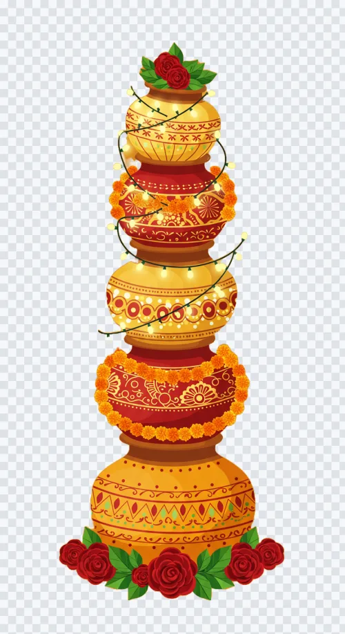 Stacked traditional Indian wedding matka pots decorated with marigold garlands, red roses, and fairy lights.