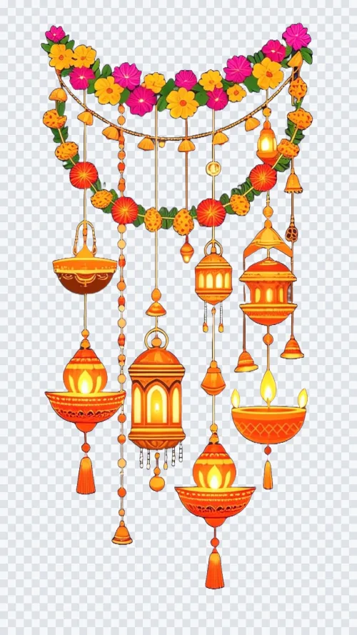 Hanging Indian festival decoration with marigold floral garlands, glowing brass diyas, and lanterns on transparent background.