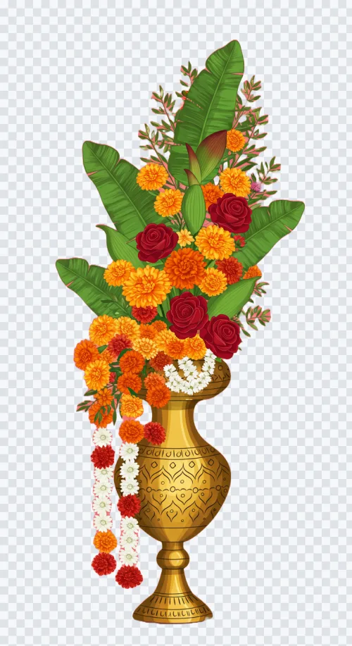 Ornate Indian brass vase with marigold flowers, red roses, hanging garlands, and banana leaves.