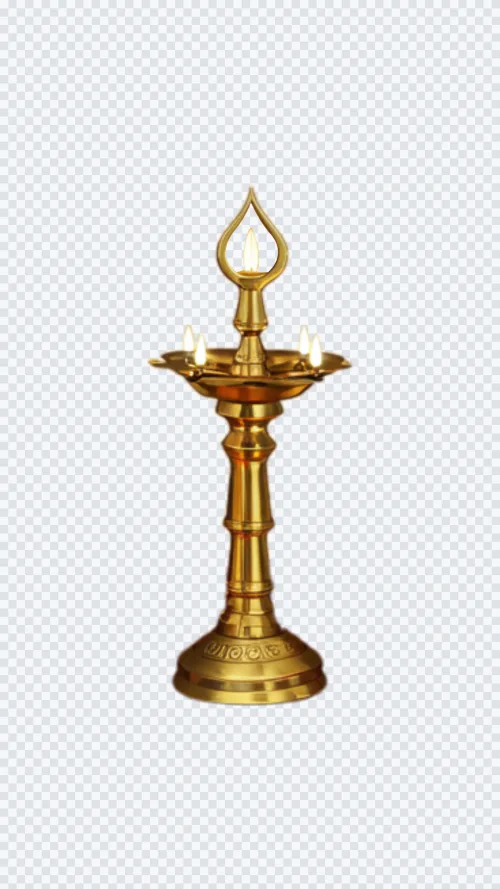Ornate golden brass Indian diya stand with glowing lit flames, isolated on a transparent background.