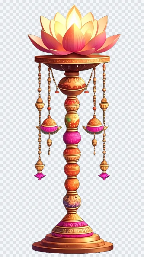 Ornate golden stand topped with a glowing pink lotus flower and hanging decorative beads on a transparent background.