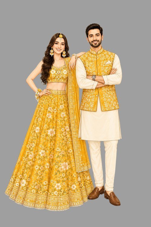 Indian Couple Caricature Illustration for Haldi Ceremony Invitation