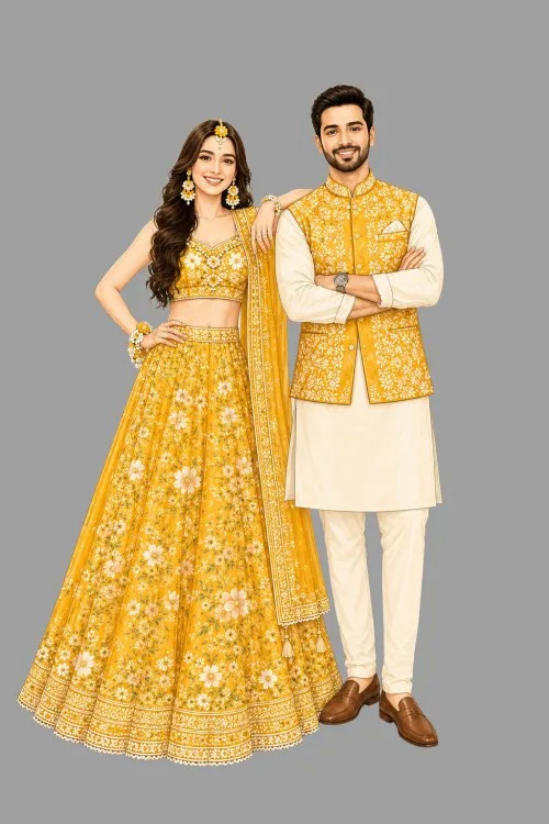 Indian couple caricature illustration in yellow floral outfits for Haldi ceremony wedding invitations.