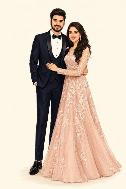 Stylized illustration of an Indian couple in a black tuxedo and peach gown, perfect for wedding invitations.