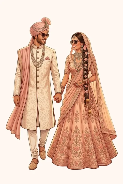 Indian bride and groom in peach wedding outfits and sunglasses walking hand-in-hand, caricature illustration.