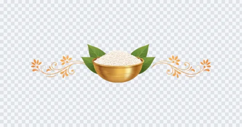 Golden bowl of rice with green leaves and gold floral dividers for Annaprashan rice ceremony invitation design.