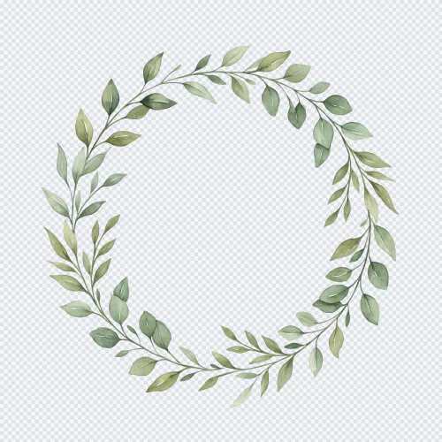 Watercolor green leaf wreath circular frame with soft foliage on a transparent background.