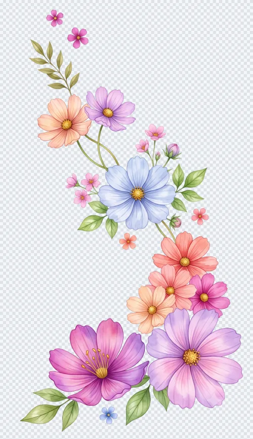 Watercolor floral border featuring pastel purple, pink, peach, and blue cosmos flowers on a transparent background.
